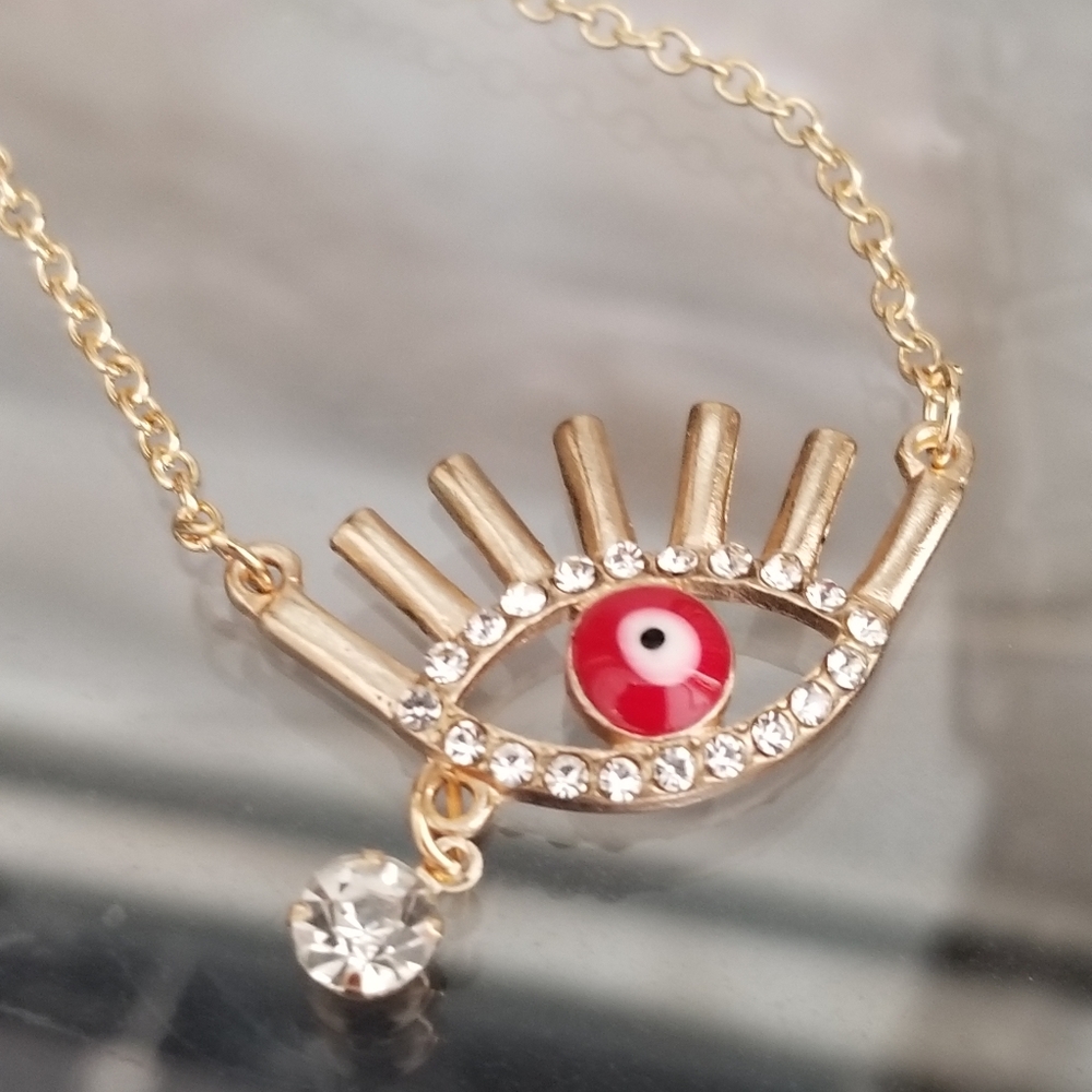 Evil Eye Red Protection Rhinestone Necklace New